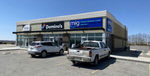 Strip mall front exterior of Co-op Shopping Centre in Portage la Prairie, MB.